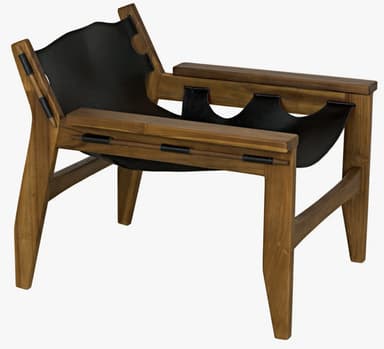 A low-slung lounge chair with a wooden frame and a black leather seat and backrest. The frame features a horizontal stretcher between the front legs and a similar stretcher connecting the rear legs. The backrest is a single piece of black leather with cut-out details on the sides, supported by wooden uprights. The seat is also made of black leather, suspended from the wooden frame and appearing to have a slight curve. The armrests are integrated into the wooden frame. — 3D model