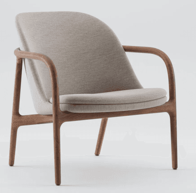 A contemporary lounge chair featuring a gracefully curved solid wood frame, likely walnut, that forms the legs, armrests, and back support in a continuous, flowing line. The seat and backrest are upholstered in a light beige or light gray textured fabric, nestled within the wooden structure. The design emphasizes organic forms and ergonomic comfort. — 3D model