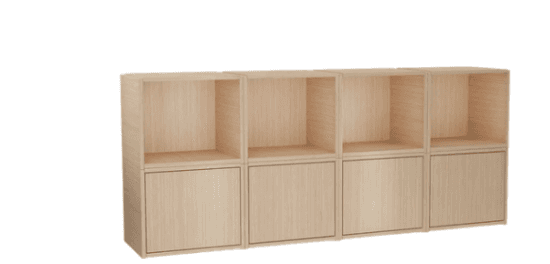 A modular bookcase unit composed of four identical cubic sections arranged linearly. Each section is divided horizontally into two compartments: an open shelf on the top and a closed cabinet with a door on the bottom. The unit is constructed from a light-colored wood material with a visible grain pattern, suggesting a laminate or veneer finish. — 3D model