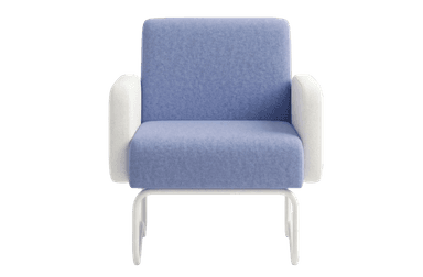 A modern armchair featuring a compact design with rounded armrests and a distinct sled base. The seating and backrest are upholstered in a textured, light blue fabric, while the armrests are covered in a contrasting textured white fabric. The frame and base appear to be made of a smooth, white material, possibly metal or plastic. — 3D model