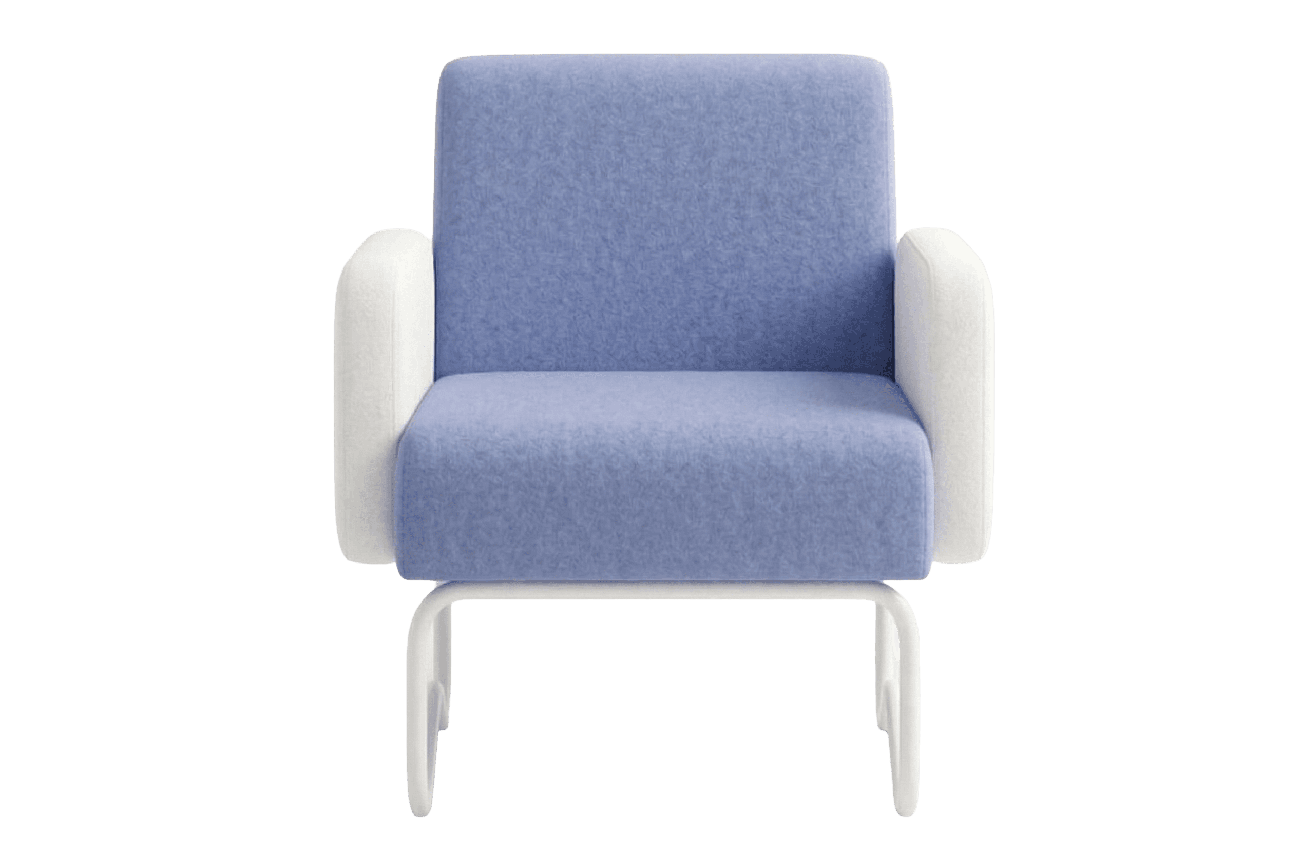 A modern armchair featuring a compact design with rounded armrests and a distinct sled base. The seating and backrest are upholstered in a textured, light blue fabric, while the armrests are covered in a contrasting textured white fabric. The frame and base appear to be made of a smooth, white material, possibly metal or plastic. — 3D model
