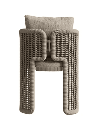 A contemporary chair featuring a thick, rounded frame entirely wrapped or constructed from a light-colored, textured synthetic rope or cord material. The chair includes a removable padded seat cushion and a matching back pillow, both upholstered in a complementary light beige fabric with a subtle woven texture. The frame forms continuous armrests and a backrest, with broad, integrated legs creating a sturdy and cohesive U-shaped form. The lower parts of the frame feature an open-weave pattern. — 3D model