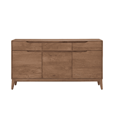 A wooden sideboard with a rectangular top, featuring three drawers across the top row and three cabinet doors below. The drawers and doors have integrated handles formed by a carved recess along the top edge. The piece is supported by four tapered legs that angle outwards. — 3D model