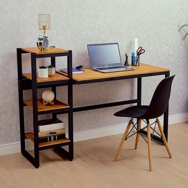 An industrial-style desk featuring a rectangular light wood-look tabletop supported by a black metal frame. An integrated multi-tier shelving unit with matching wood-look shelves and a black metal frame is attached to one side, forming an L-shaped configuration. — 3D model