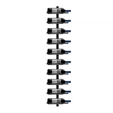 A minimalist wall-mounted wine rack, constructed from black metal, designed to store ten wine bottles horizontally in a vertical arrangement. — 3D model
