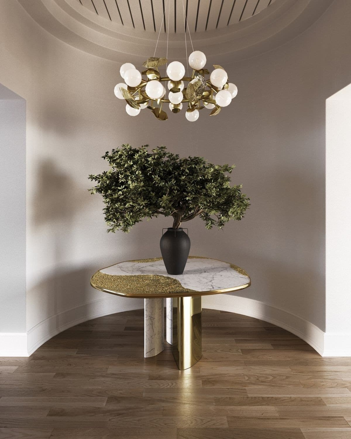 An organically shaped side table featuring a tabletop crafted from white marble with grey veining, distinctively accented by a wavy, textured gold inlay. The table is supported by an asymmetrical base, incorporating both polished gold-toned metal and marble elements, creating a visually striking and luxurious appearance. A plant in a black vase is placed on its surface. — 3D model