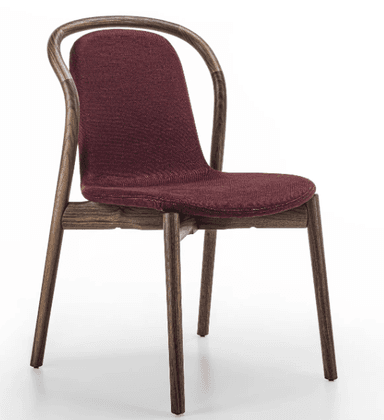 A modern dining chair with a curved wooden frame and a upholstered seat and backrest. The chair features slender, bentwood legs and armrests that merge into the back support. The upholstery is a textured, dark red fabric. — 3D model