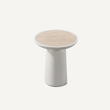 A round-top end table with a single pedestal base. The tabletop has a light wood grain pattern. The base is a solid, matte white, tapering from a wider top to a narrower bottom, with a subtle lip where it meets the tabletop. The base appears to be cylindrical with a slight curve outwards at the top before tapering inwards. — 3D model
