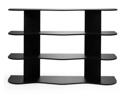 A modern, open bookshelf with three staggered shelves. The structure features vertical supports that are offset from the ends of the shelves, creating an asymmetric and dynamic appearance. The shelves have a gently undulating front edge. The overall design is minimalist and contemporary. — 3D model