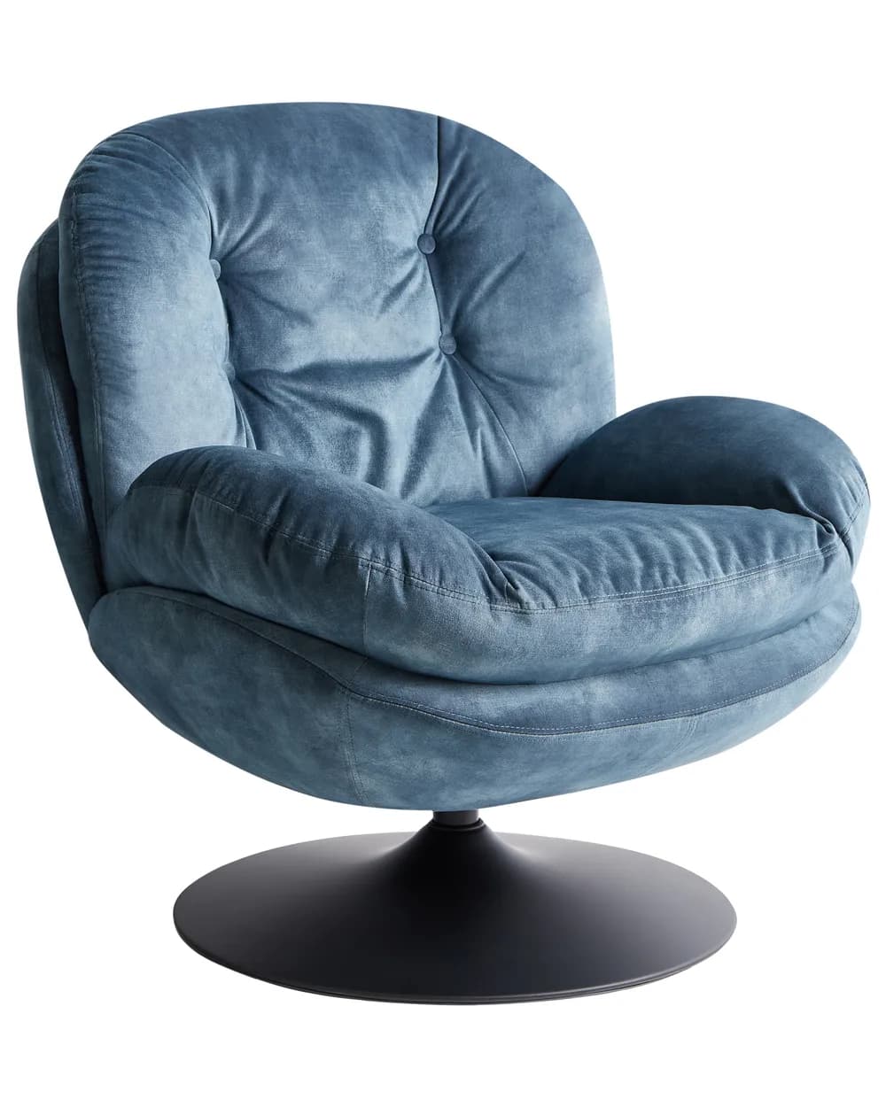 A plush, modern swivel armchair with a rounded profile, featuring deep button tufting on the backrest and a thick, soft seat cushion. The chair is upholstered in a rich, teal-colored velvet or similar soft fabric. It is supported by a sleek, black powder-coated disc base, allowing for 360-degree rotation. The design emphasizes comfort and contemporary aesthetics. — 3D model