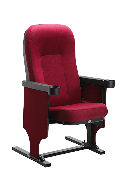 A single red upholstered theater seat with black armrests, integrated cup holders, and a folding seat mechanism, mounted on a black metal base. — 3D model