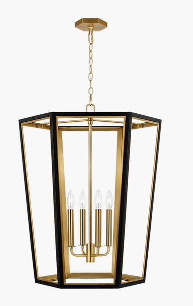 A modern geometric chandelier featuring an octagonal frame with black and gold metal and clear glass panels, suspended by a chain. — 3D model