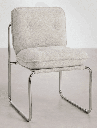A modern armchair with a tubular metal frame and upholstered seat and back. The frame is constructed from polished chrome tubular steel, forming a cantilevered base and armrests. The seat and backrest are padded and covered in a textured, light grey fabric with a visible weave. The backrest appears to be a single piece of fabric stretched taut between the metal supports, while the seat is a separate cushion. — 3D model
