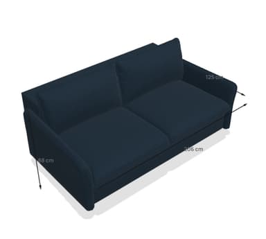 A navy blue sofa with two seat cushions and two back cushions. The sofa has a modern, minimalist design with clean lines and slightly flared arms. Dimensions are provided: width 206 cm, depth 125 cm, and height 88 cm. The upholstery appears to be fabric. — 3D model