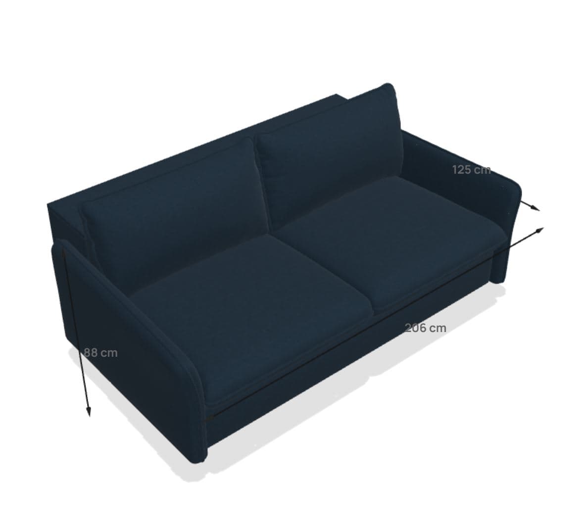 A navy blue sofa with two seat cushions and two back cushions. The sofa has a modern, minimalist design with clean lines and slightly flared arms. Dimensions are provided: width 206 cm, depth 125 cm, and height 88 cm. The upholstery appears to be fabric. — 3D model