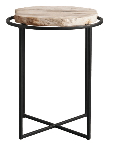 A circular side table featuring a natural wood slice top with visible grain and organic edge detail, supported by a slender black metal frame. The frame consists of four vertical legs connected by a circular rim around the top and a decorative X-shaped crossbar near the base. — 3D model