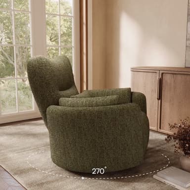 A contemporary, fully upholstered armchair featuring a rich olive-green boucle fabric. It includes an integrated reclining mechanism with an extended footrest and is mounted on a dark, circular swivel base. A matching lumbar cushion provides additional support. — 3D model