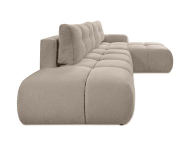 A light beige upholstered sectional sofa featuring a right-hand facing chaise lounge and an armrest on the left side. Both the backrests and seat cushions display distinct vertical tufting. — 3D model