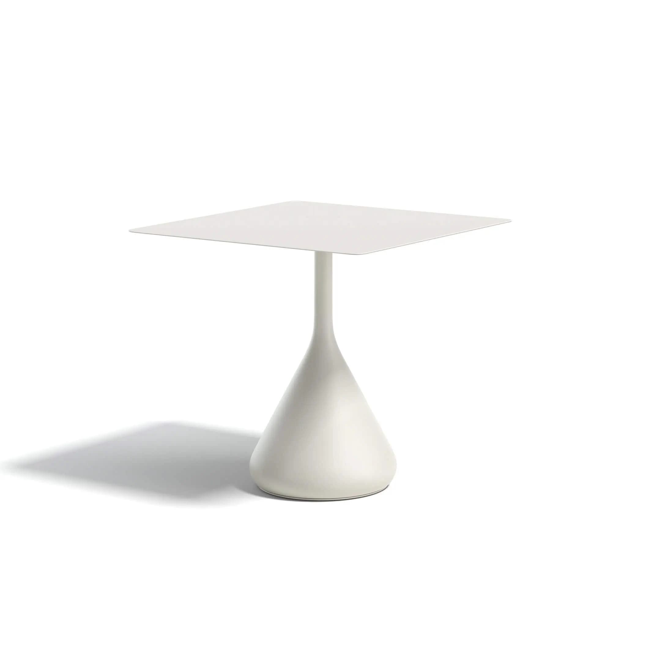 A modern, light-colored table featuring a square top supported by a sleek, conical pedestal base, presenting a minimalist and sculptural aesthetic. — 3D model