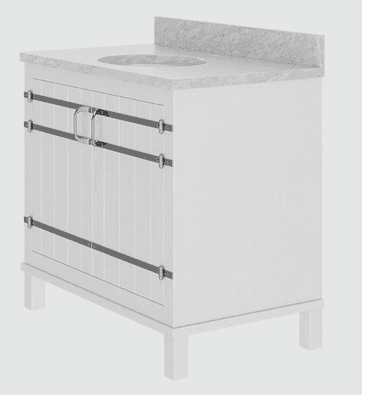 A white bathroom vanity cabinet featuring two Shaker-style doors with vertical paneling, a grey marble countertop with an integrated sink cutout, and modern brushed nickel hardware accents including horizontal straps and bar pulls. The unit stands on short, recessed block feet. — 3D model