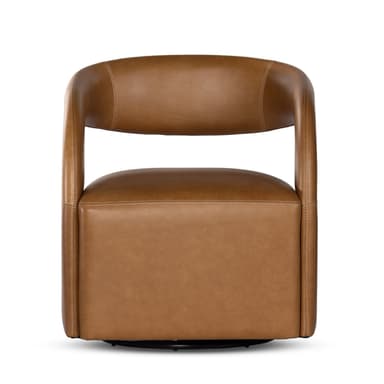 A contemporary swivel armchair upholstered in tan leather, featuring a rounded barrel back and integrated armrests. The chair has prominent contrast stitching along its edges and a concealed swivel base. — 3D model