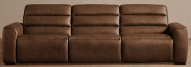 A three-seater sofa with a sleek, modern design. The sofa features channel tufting on the back cushions and seat cushions, creating a segmented appearance. The armrests are slightly rounded and integrated into the main body of the sofa. The sofa appears to be upholstered in a smooth, rich brown leather. — 3D model