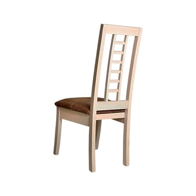 A light-toned wooden dining chair featuring a distinctive ladder-back design and a dark brown, distressed leather upholstered seat. The chair has a sturdy frame with square, slightly tapered legs, indicating a blend of classic and contemporary design elements. — 3D model