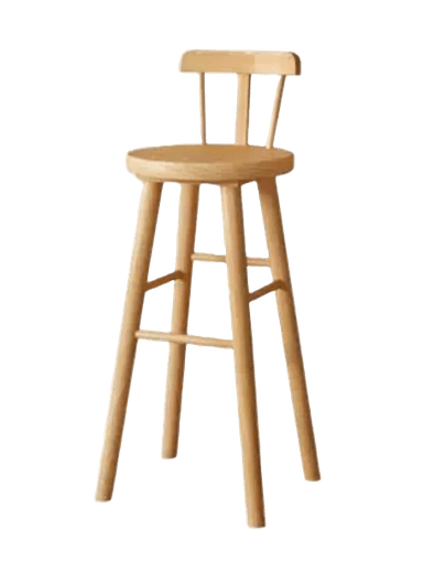 A minimalist bar stool crafted from light-colored wood, featuring a round, slightly contoured seat and a simple backrest composed of two vertical spindles and a curved top rail. It stands on four tapered legs reinforced by two sets of horizontal stretchers that serve as footrests. — 3D model