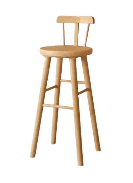 A minimalist bar stool crafted from light-colored wood, featuring a round, slightly contoured seat and a simple backrest composed of two vertical spindles and a curved top rail. It stands on four tapered legs reinforced by two sets of horizontal stretchers that serve as footrests. — 3D model