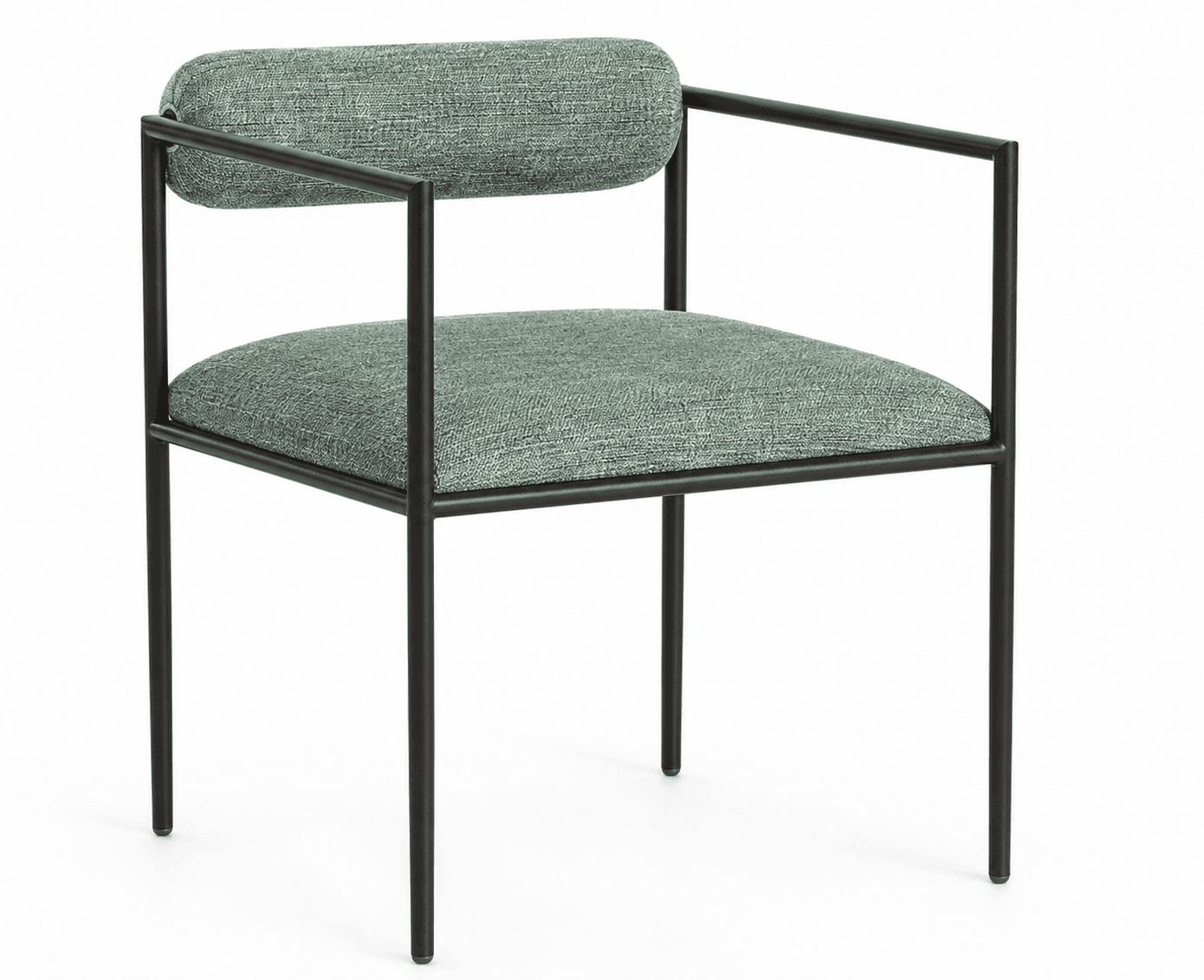 A contemporary accent chair featuring a minimalist black metal frame and upholstered in a textured sage green fabric. The chair includes integrated armrests and a distinctive cylindrical bolster backrest. — 3D model