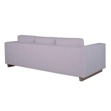 A three-seater sofa upholstered in a light-colored textured fabric. The sofa has a modern, minimalist design with clean lines, square arms, and back cushions. It is supported by a low-profile wooden base. — 3D model