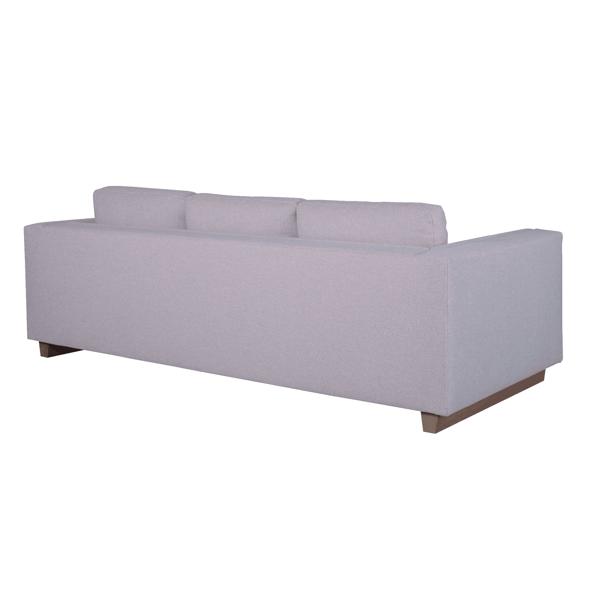 A three-seater sofa upholstered in a light-colored textured fabric. The sofa has a modern, minimalist design with clean lines, square arms, and back cushions. It is supported by a low-profile wooden base. — 3D model