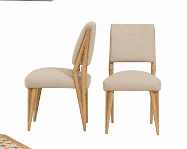 An armless dining chair featuring a light-toned wooden frame and beige fabric upholstery. The chair has a minimalist design with a clean, rectangular upholstered seat and a slightly curved upholstered backrest. The wooden frame is exposed on the sides of the backrest and forms the four tapered legs. The overall aesthetic is contemporary and understated. — 3D model