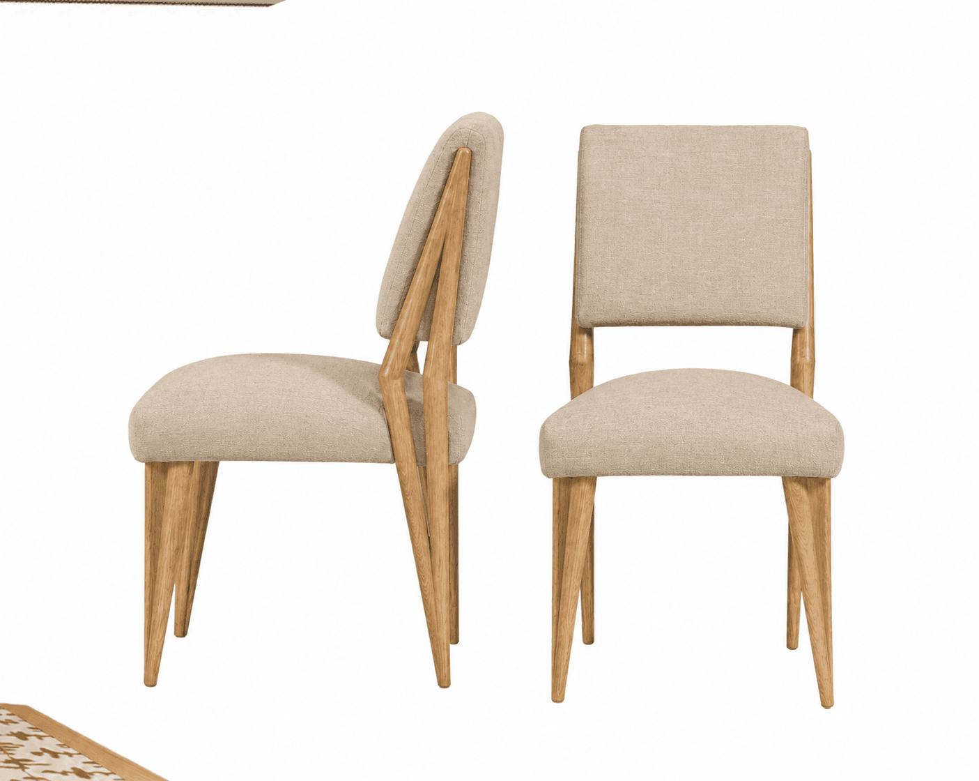 An armless dining chair featuring a light-toned wooden frame and beige fabric upholstery. The chair has a minimalist design with a clean, rectangular upholstered seat and a slightly curved upholstered backrest. The wooden frame is exposed on the sides of the backrest and forms the four tapered legs. The overall aesthetic is contemporary and understated. — 3D model