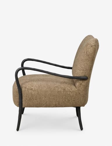 An upholstered accent armchair featuring a high, slightly curved backrest. The chair is covered in a textured fabric with a subtle floral or botanical pattern, in shades of beige, brown, and olive green. It has dark, tapered legs that splay slightly outwards. The armrests are partially visible from the side and appear integrated into the upholstered body. The design suggests a blend of classic comfort with mid-century modern leg styling. — 3D model