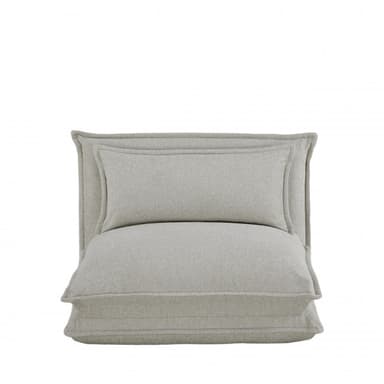 A minimalist, armless, floor-level seating unit upholstered in a light grey fabric, comprising a thick base cushion, a slightly angled backrest cushion, and a smaller rectangular lumbar pillow. The design suggests modularity and emphasizes soft, comfortable forms. — 3D model