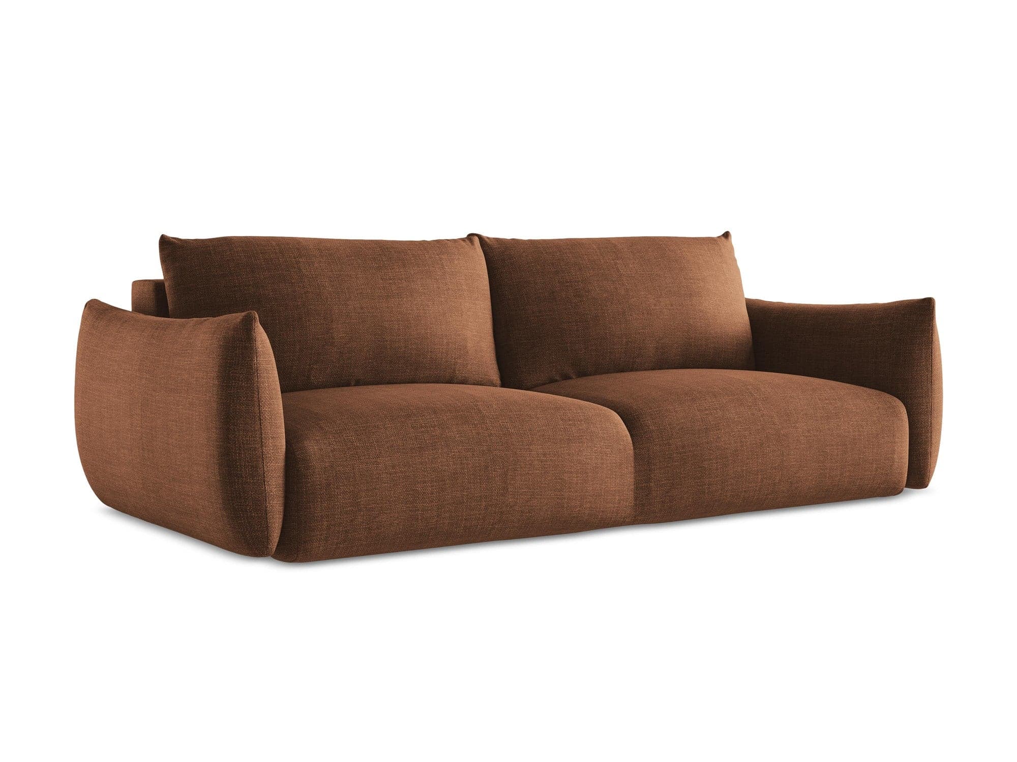 A modern two-seater sofa featuring a plush, low-profile design. It is upholstered in a warm, textured brown fabric. The sofa has distinctive rounded armrests that integrate smoothly with the main body, and two separate, generously cushioned seat and back pillows for comfort. The overall aesthetic is clean, soft, and contemporary, with no visible legs, giving it a grounded appearance. — 3D model