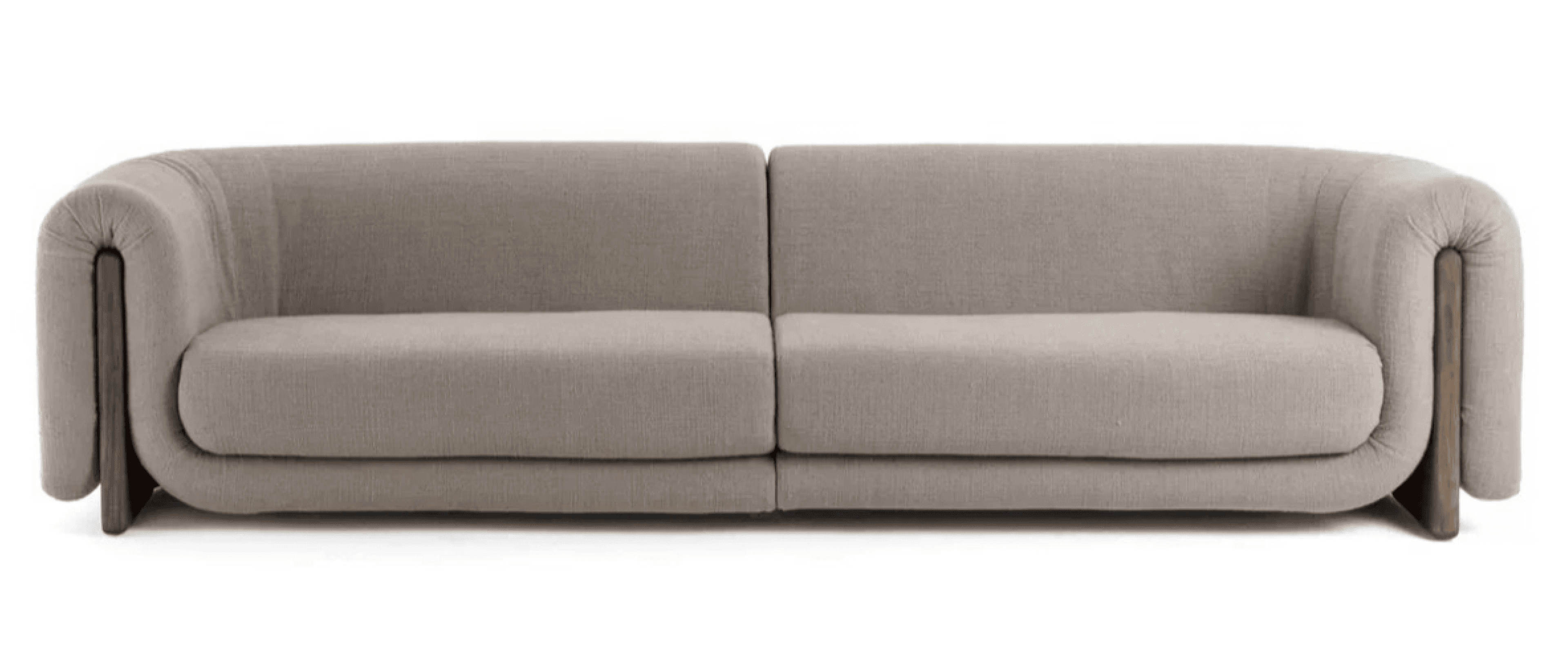 A contemporary two-seater sofa upholstered in a light beige fabric. It features distinctively rounded, plush armrests that curve downwards, revealing a dark-toned wooden frame detail along their outer edge. The sofa is composed of two separate seat cushions and two back cushions, maintaining a clean and minimalist profile. — 3D model