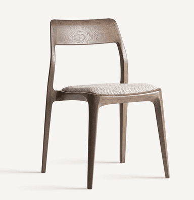 A modern dining chair constructed from dark-stained wood, featuring a curved backrest and a subtly upholstered seat. The chair exhibits a minimalist design with clean lines and tapered legs. — 3D model