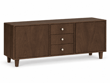 A long, rectangular dark wood sideboard featuring two side cabinets with solid doors and three central drawers. The piece stands on four short, tapered legs and is accented with small, round brass-colored knob pulls on the drawers. — 3D model