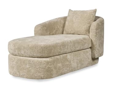 A contemporary chaise lounge upholstered in a light beige, textured fabric, featuring a single armrest, rounded forms, and an integrated base, accompanied by a matching throw pillow. — 3D model