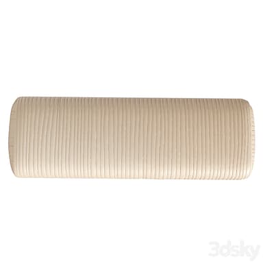 A long, low bench with a rounded, upholstered top and four slender, tapered legs. The upholstery features a ribbed or channel-tufted pattern running horizontally along the length and vertically at the rounded ends. The legs are thin and angled outwards, finished in a metallic tone. — 3D model