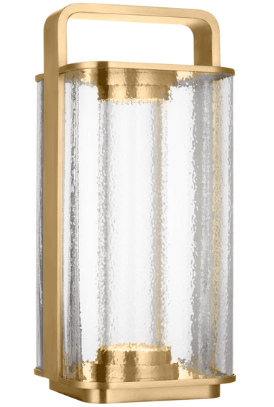 A contemporary portable electric lamp featuring a polished brass frame, a rectangular textured glass shade, and an integrated top handle. — 3D model