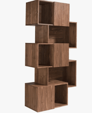 A tall, freestanding, modern bookshelf composed of multiple interconnected wooden box-like compartments arranged in an asymmetrical, sculptural design. The dark wood grain is visible, and the unit provides various open cubbies for storage and display. — 3D model