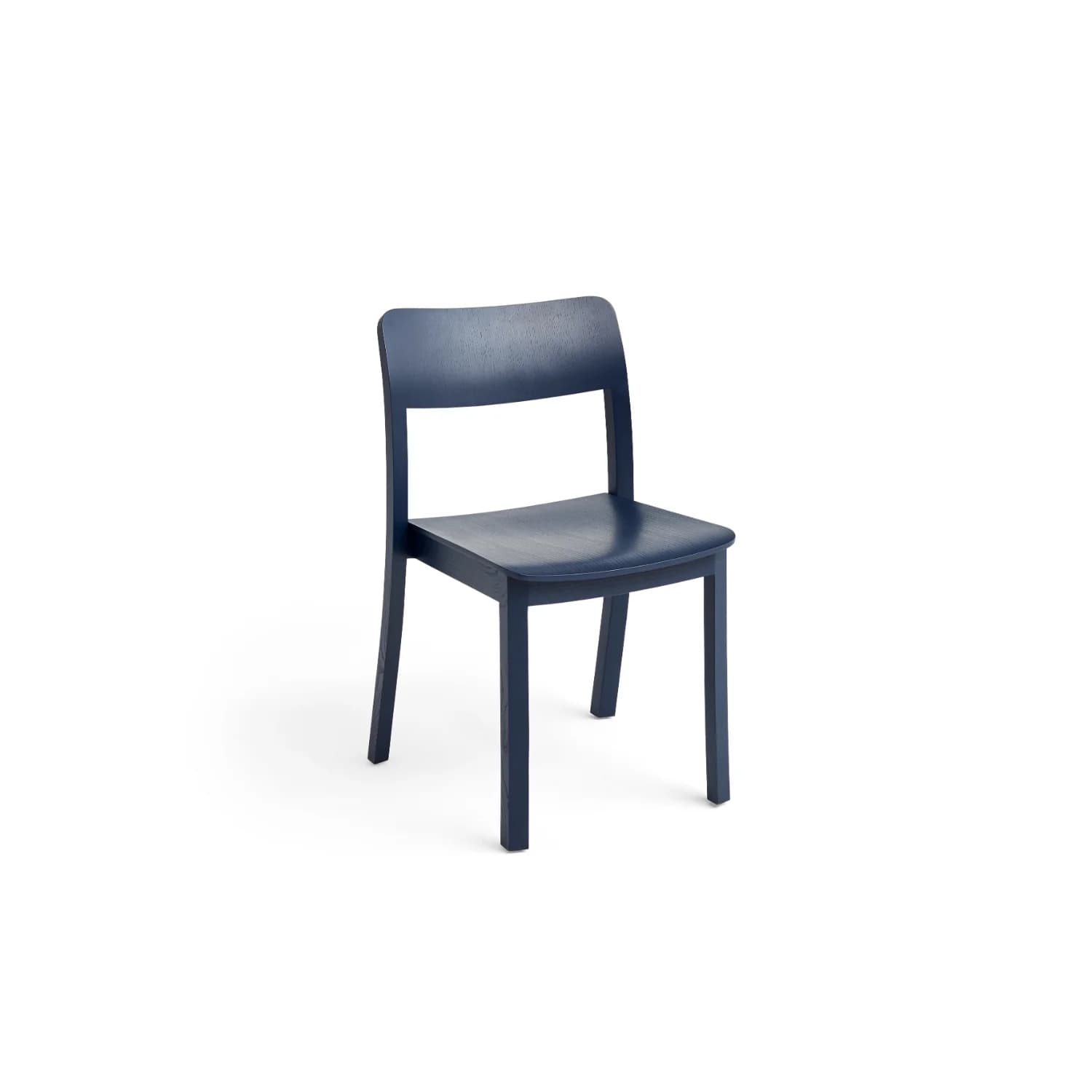 A dark blue wooden side chair with a minimalist contemporary design, featuring a slightly curved backrest and straight legs. — 3D model