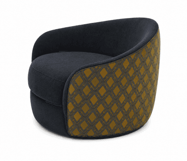 A contemporary curved loveseat upholstered in dark grey fabric, featuring striking mustard yellow side panels with a geometric dark grey pattern. — 3D model