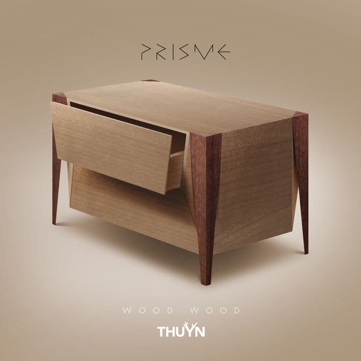 A rectangular wooden nightstand featuring a single drawer and an open lower shelf. It is characterized by its two-tone wood construction, with a lighter-toned body and darker, sharply tapered legs integrated into the corner supports. — 3D model