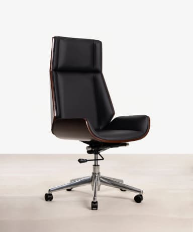An armless office chair with a molded plywood shell finished in a dark wood veneer, supported by a polished aluminum five-star swivel base with casters. The chair features a high back and a subtly curved seat. — 3D model