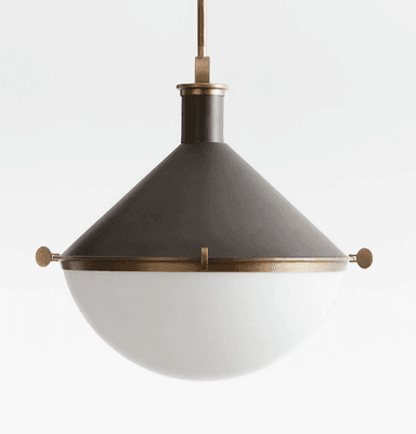 A contemporary pendant light featuring a dark gray or bronze conical metal shade accented with brass rings and hardware, encasing a spherical opal glass diffuser at the bottom. It is suspended by a slender brass rod. — 3D model