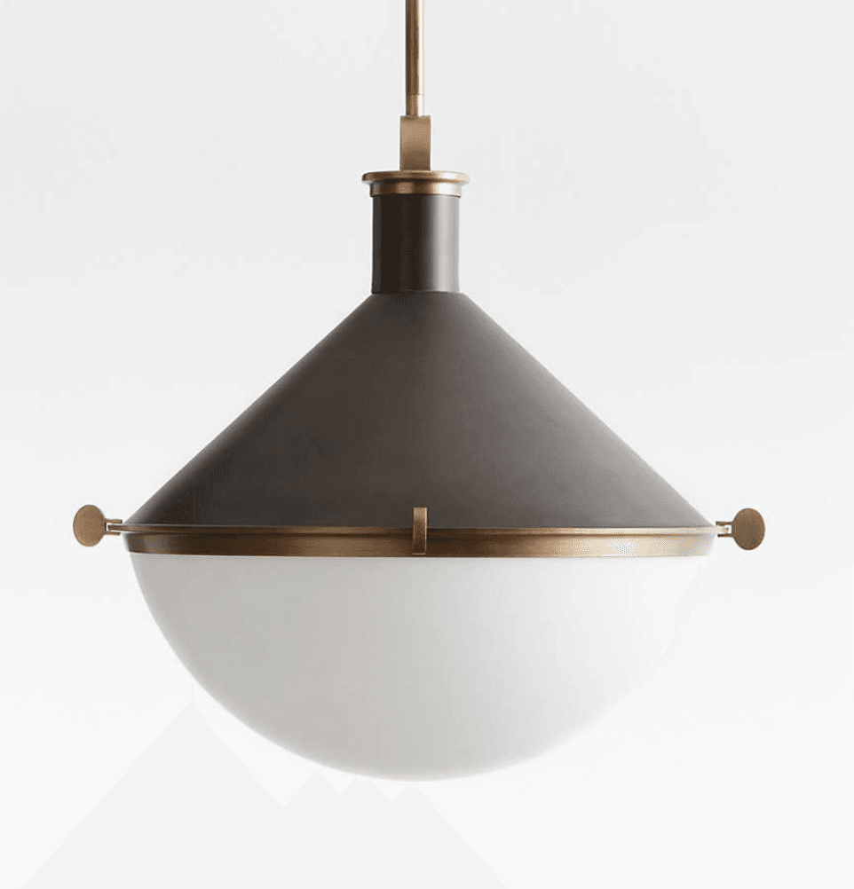 A contemporary pendant light featuring a dark gray or bronze conical metal shade accented with brass rings and hardware, encasing a spherical opal glass diffuser at the bottom. It is suspended by a slender brass rod. — 3D model